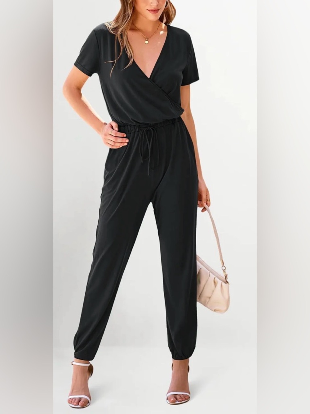 Casual Black Short-Sleeve  Jumpsuit with Tie Waist Size Small Like New